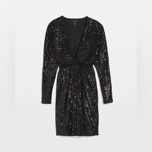 White House Black Market Black Sequin Pleated Long Sleeve Dress